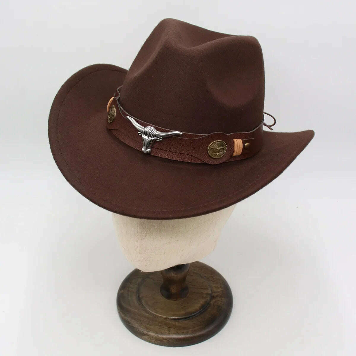 KIMLUD, Western Cowboy Black Hat With Bull Decor Classic Wide Brim Jazz Imitation Wool Hats For Women Felt Hats With Cow Head Knight Hat, KIMLUD Women's Clothes
