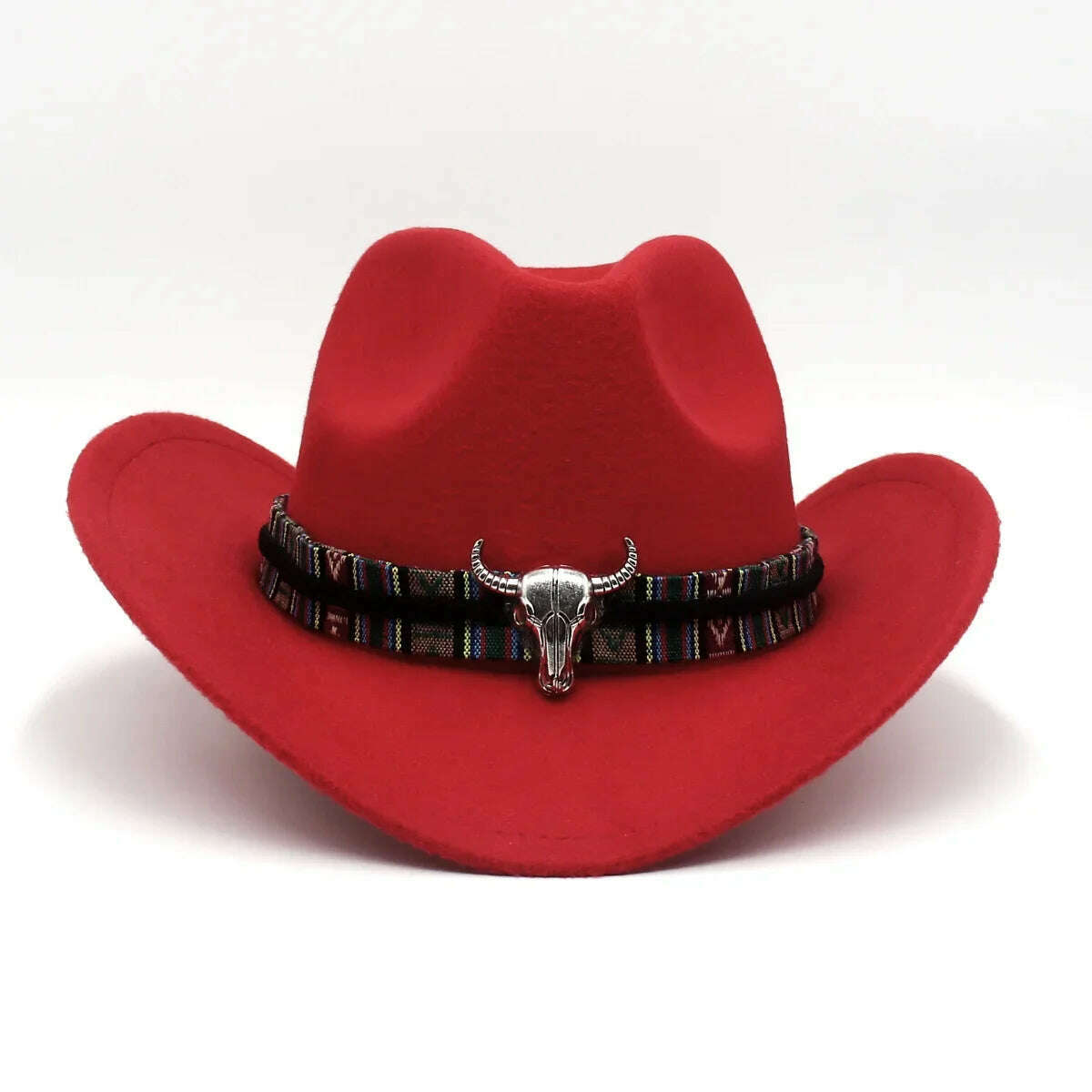 KIMLUD, Western Cowboy Black Hat With Bull Decor Classic Wide Brim Jazz Imitation Wool Hats For Women Felt Hats With Cow Head Knight Hat, Red CaiNT / S(52-54cm Child), KIMLUD APPAREL - Womens Clothes