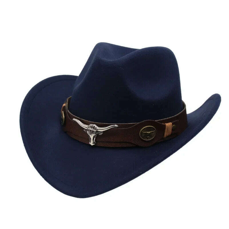KIMLUD, Western Cowboy Black Hat With Bull Decor Classic Wide Brim Jazz Imitation Wool Hats For Women Felt Hats With Cow Head Knight Hat, navy ZongNT / S(52-54cm Child), KIMLUD Women's Clothes