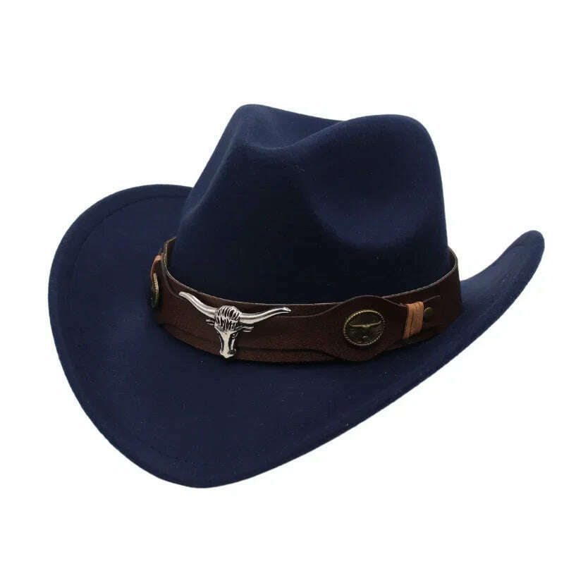 KIMLUD, Western Cowboy Black Hat With Bull Decor Classic Wide Brim Jazz Imitation Wool Hats For Women Felt Hats With Cow Head Knight Hat, navy ZongNT / S(52-54cm Child), KIMLUD APPAREL - Womens Clothes
