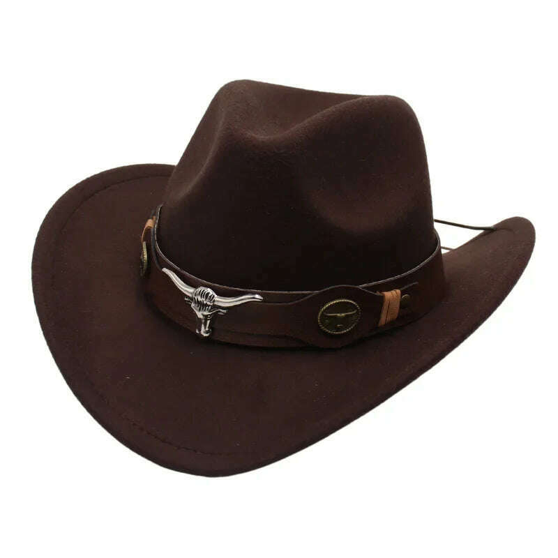 KIMLUD, Western Cowboy Black Hat With Bull Decor Classic Wide Brim Jazz Imitation Wool Hats For Women Felt Hats With Cow Head Knight Hat, coffee ZongNT / S(52-54cm Child), KIMLUD APPAREL - Womens Clothes