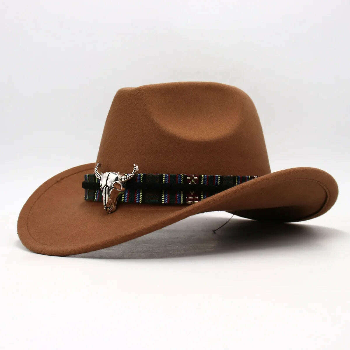 KIMLUD, Western Cowboy Black Hat With Bull Decor Classic Wide Brim Jazz Imitation Wool Hats For Women Felt Hats With Cow Head Knight Hat, Khaki CaiNT / S(52-54cm Child), KIMLUD Women's Clothes