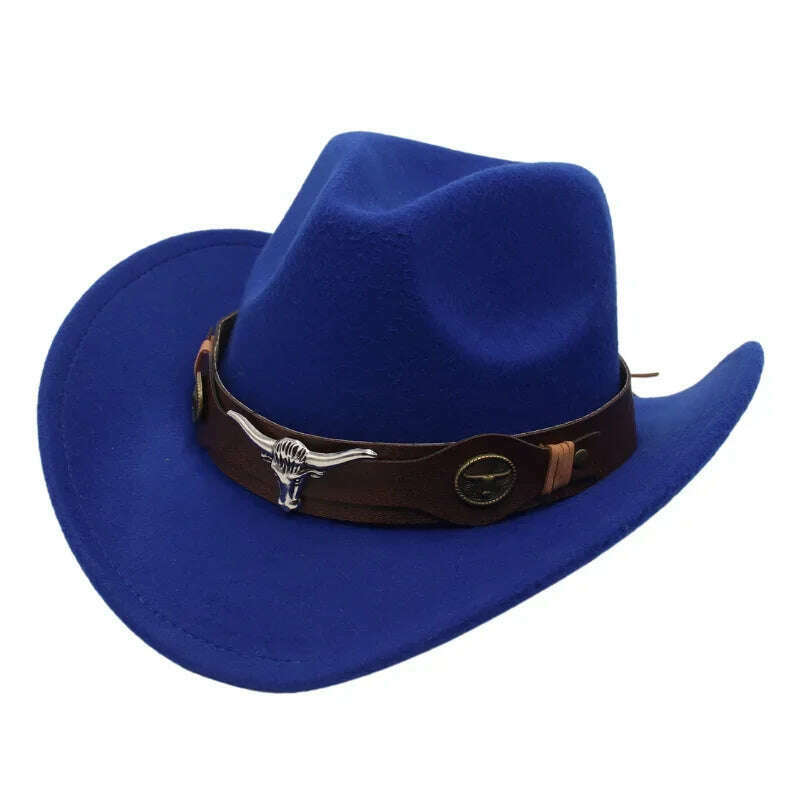 KIMLUD, Western Cowboy Black Hat With Bull Decor Classic Wide Brim Jazz Imitation Wool Hats For Women Felt Hats With Cow Head Knight Hat, blue ZongNT / S(52-54cm Child), KIMLUD APPAREL - Womens Clothes