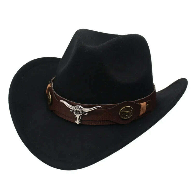 KIMLUD, Western Cowboy Black Hat With Bull Decor Classic Wide Brim Jazz Imitation Wool Hats For Women Felt Hats With Cow Head Knight Hat, black ZongNT / S(52-54cm Child), KIMLUD Women's Clothes