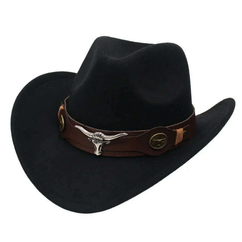 KIMLUD, Western Cowboy Black Hat With Bull Decor Classic Wide Brim Jazz Imitation Wool Hats For Women Felt Hats With Cow Head Knight Hat, black ZongNT / S(52-54cm Child), KIMLUD APPAREL - Womens Clothes