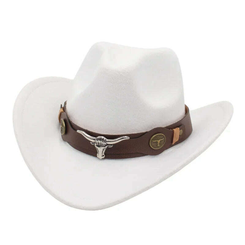 KIMLUD, Western Cowboy Black Hat With Bull Decor Classic Wide Brim Jazz Imitation Wool Hats For Women Felt Hats With Cow Head Knight Hat, white ZongNT / S(52-54cm Child), KIMLUD Women's Clothes