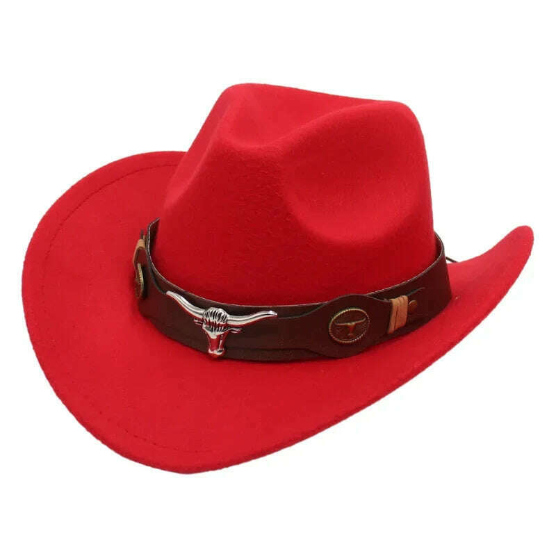 KIMLUD, Western Cowboy Black Hat With Bull Decor Classic Wide Brim Jazz Imitation Wool Hats For Women Felt Hats With Cow Head Knight Hat, red ZongNT / S(52-54cm Child), KIMLUD APPAREL - Womens Clothes