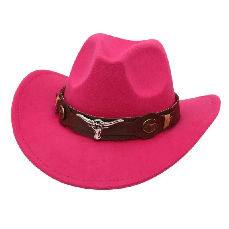 KIMLUD, Western Cowboy Black Hat With Bull Decor Classic Wide Brim Jazz Imitation Wool Hats For Women Felt Hats With Cow Head Knight Hat, rose ZongNT / S(52-54cm Child), KIMLUD APPAREL - Womens Clothes