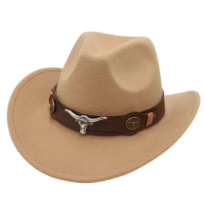 KIMLUD, Western Cowboy Black Hat With Bull Decor Classic Wide Brim Jazz Imitation Wool Hats For Women Felt Hats With Cow Head Knight Hat, camel ZongNT / S(52-54cm Child), KIMLUD APPAREL - Womens Clothes