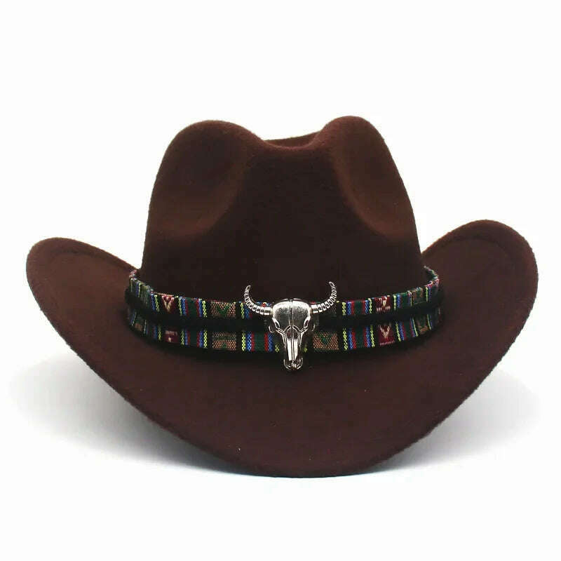 KIMLUD, Western Cowboy Black Hat With Bull Decor Classic Wide Brim Jazz Imitation Wool Hats For Women Felt Hats With Cow Head Knight Hat, Coffee CaiNT / S(52-54cm Child), KIMLUD APPAREL - Womens Clothes