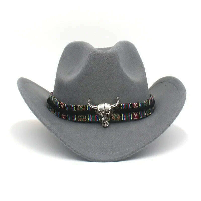 KIMLUD, Western Cowboy Black Hat With Bull Decor Classic Wide Brim Jazz Imitation Wool Hats For Women Felt Hats With Cow Head Knight Hat, Grey CaiNT / S(52-54cm Child), KIMLUD Women's Clothes