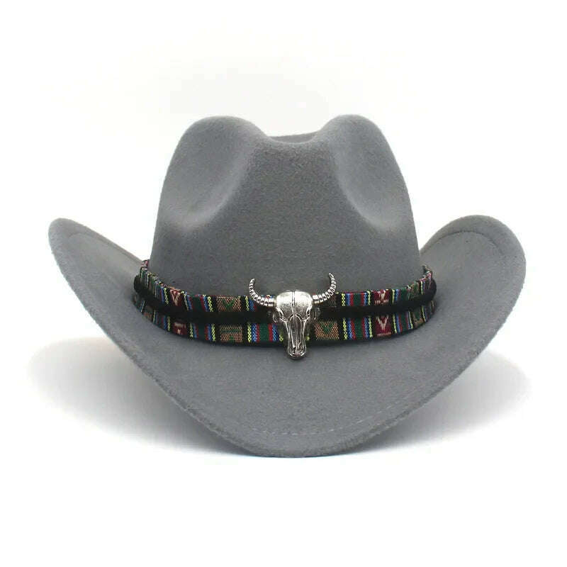 KIMLUD, Western Cowboy Black Hat With Bull Decor Classic Wide Brim Jazz Imitation Wool Hats For Women Felt Hats With Cow Head Knight Hat, Grey CaiNT / M(56-58cm Adult), KIMLUD APPAREL - Womens Clothes