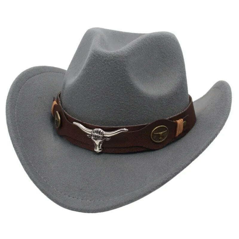 KIMLUD, Western Cowboy Black Hat With Bull Decor Classic Wide Brim Jazz Imitation Wool Hats For Women Felt Hats With Cow Head Knight Hat, grey ZongNT / S(52-54cm Child), KIMLUD Women's Clothes
