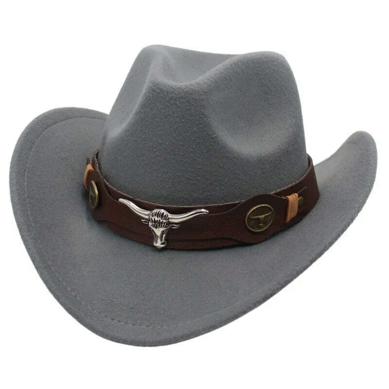 KIMLUD, Western Cowboy Black Hat With Bull Decor Classic Wide Brim Jazz Imitation Wool Hats For Women Felt Hats With Cow Head Knight Hat, grey ZongNT / M(56-58cm Adult), KIMLUD APPAREL - Womens Clothes