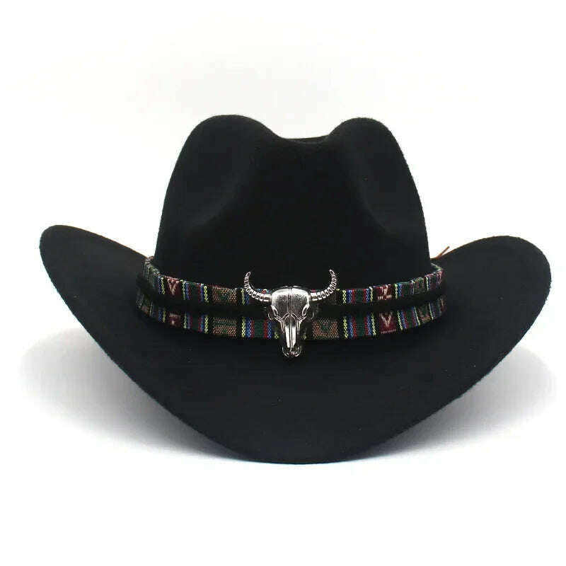 KIMLUD, Western Cowboy Black Hat With Bull Decor Classic Wide Brim Jazz Imitation Wool Hats For Women Felt Hats With Cow Head Knight Hat, Black CaiNT / S(52-54cm Child), KIMLUD Women's Clothes