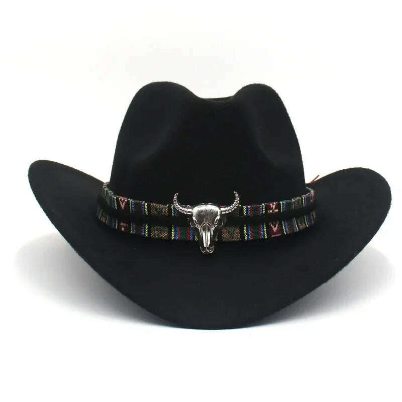 KIMLUD, Western Cowboy Black Hat With Bull Decor Classic Wide Brim Jazz Imitation Wool Hats For Women Felt Hats With Cow Head Knight Hat, Black CaiNT / S(52-54cm Child), KIMLUD APPAREL - Womens Clothes