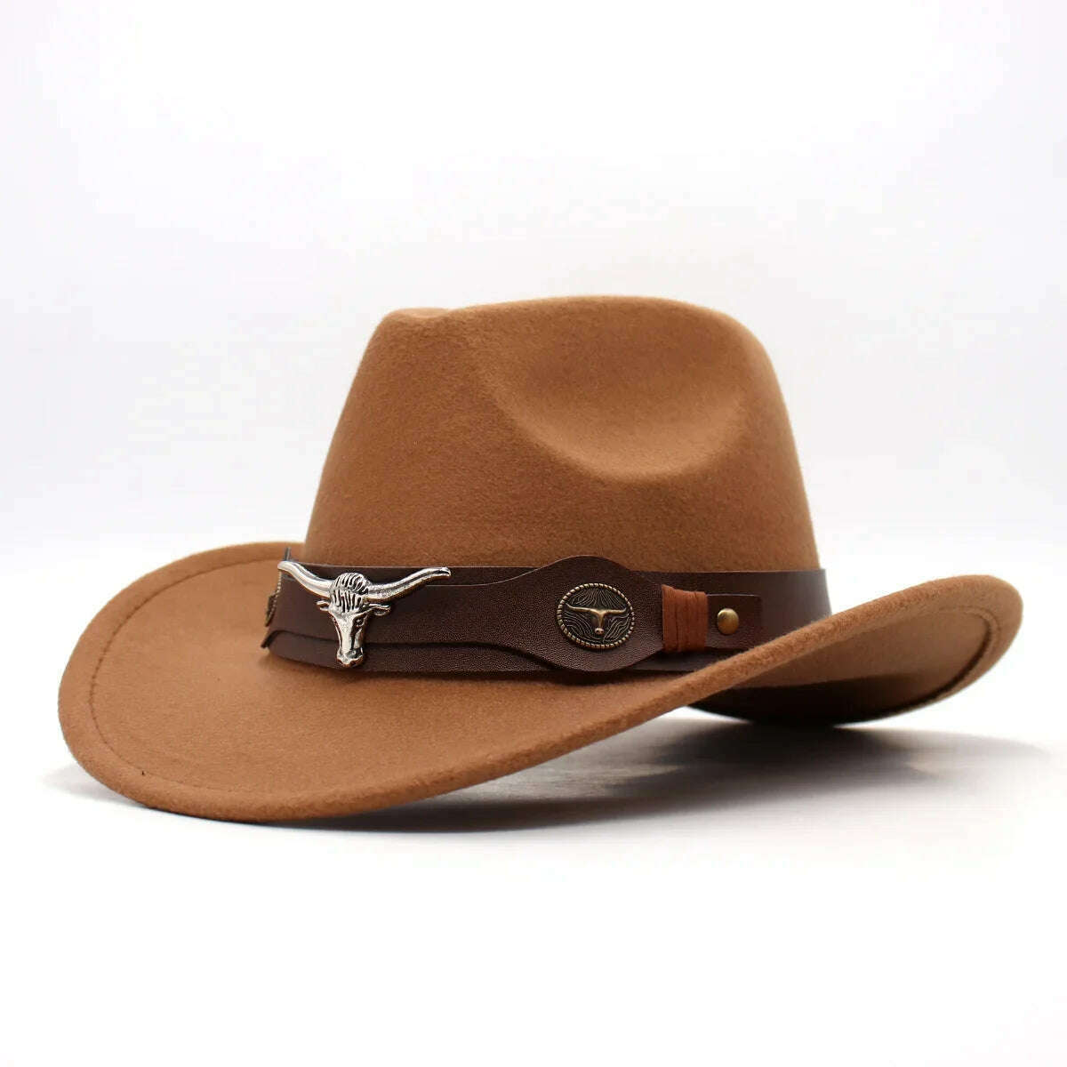 KIMLUD, Western Cowboy Black Hat With Bull Decor Classic Wide Brim Jazz Imitation Wool Hats For Women Felt Hats With Cow Head Knight Hat, Khaki ZongNT / S(52-54cm Child), KIMLUD Women's Clothes