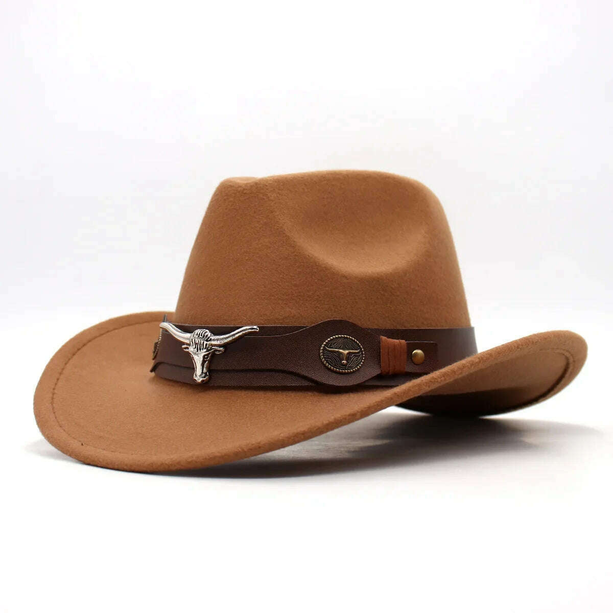 KIMLUD, Western Cowboy Black Hat With Bull Decor Classic Wide Brim Jazz Imitation Wool Hats For Women Felt Hats With Cow Head Knight Hat, Khaki ZongNT / M(56-58cm Adult), KIMLUD APPAREL - Womens Clothes