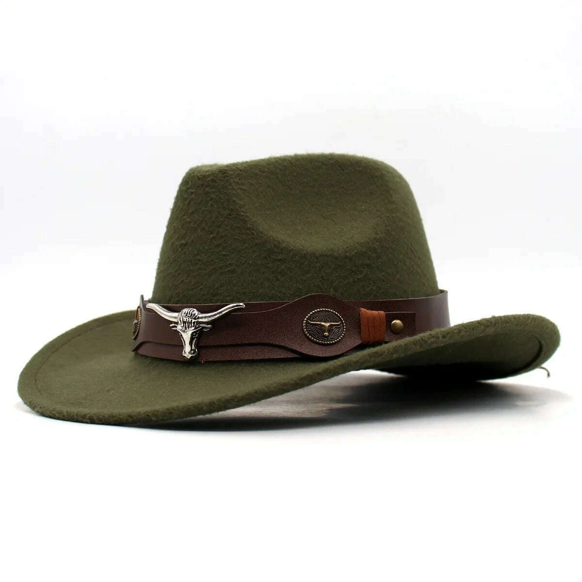 KIMLUD, Western Cowboy Black Hat With Bull Decor Classic Wide Brim Jazz Imitation Wool Hats For Women Felt Hats With Cow Head Knight Hat, Green ZongNT / S(52-54cm Child), KIMLUD Women's Clothes