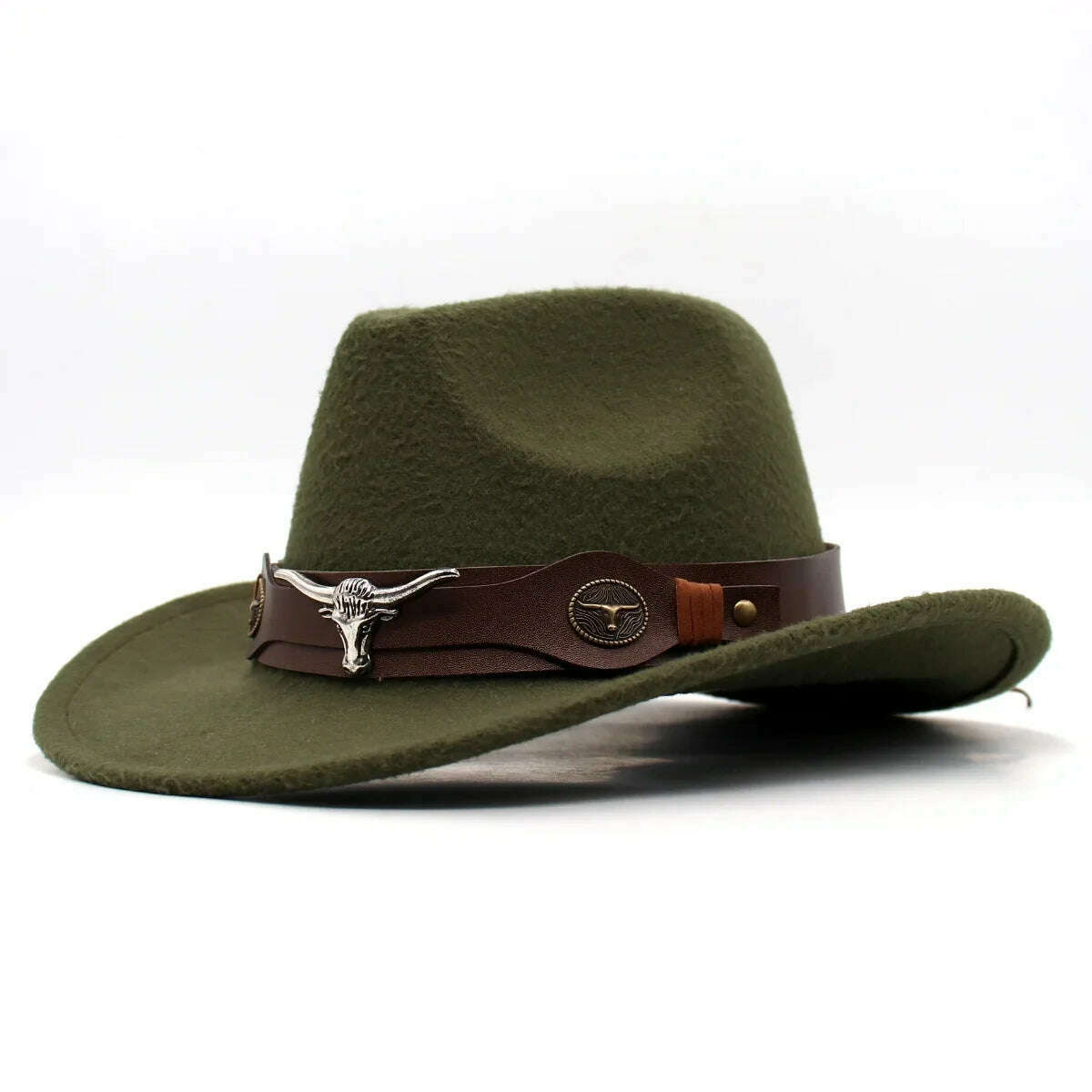 KIMLUD, Western Cowboy Black Hat With Bull Decor Classic Wide Brim Jazz Imitation Wool Hats For Women Felt Hats With Cow Head Knight Hat, Green ZongNT / M(56-58cm Adult), KIMLUD APPAREL - Womens Clothes