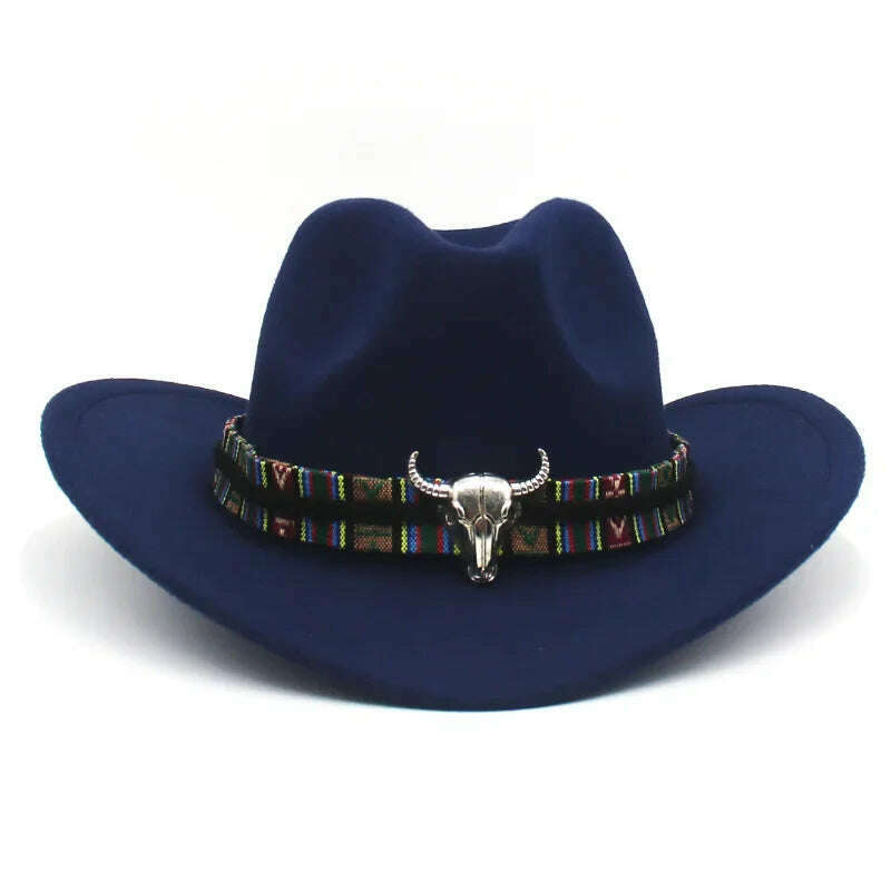 KIMLUD, Western Cowboy Black Hat With Bull Decor Classic Wide Brim Jazz Imitation Wool Hats For Women Felt Hats With Cow Head Knight Hat, Navy CaiNT / S(52-54cm Child), KIMLUD APPAREL - Womens Clothes