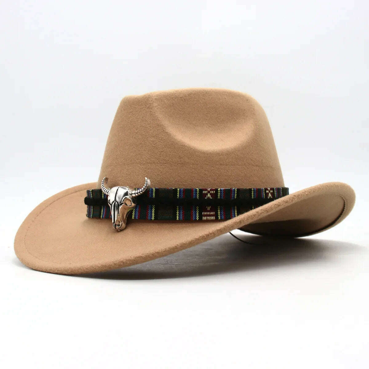 KIMLUD, Western Cowboy Black Hat With Bull Decor Classic Wide Brim Jazz Imitation Wool Hats For Women Felt Hats With Cow Head Knight Hat, Camel CaiNT / S(52-54cm Child), KIMLUD APPAREL - Womens Clothes