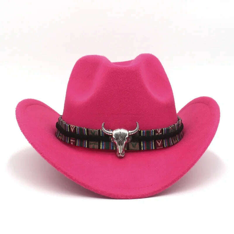KIMLUD, Western Cowboy Black Hat With Bull Decor Classic Wide Brim Jazz Imitation Wool Hats For Women Felt Hats With Cow Head Knight Hat, Rose CaiNT / S(52-54cm Child), KIMLUD APPAREL - Womens Clothes