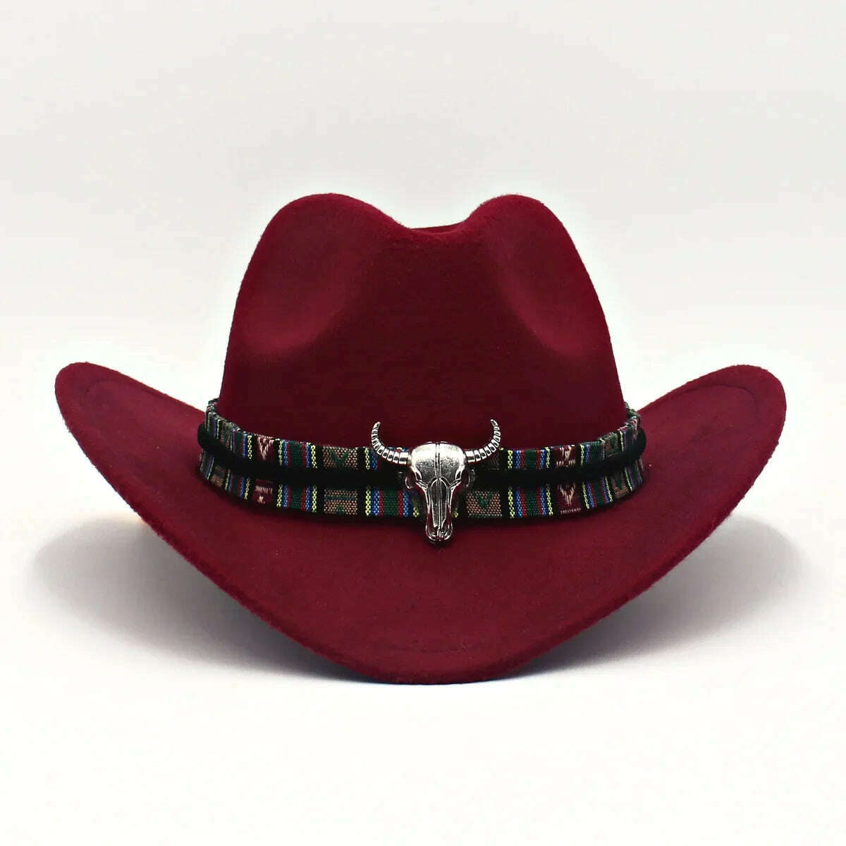KIMLUD, Western Cowboy Black Hat With Bull Decor Classic Wide Brim Jazz Imitation Wool Hats For Women Felt Hats With Cow Head Knight Hat, Wine CaiNT / S(52-54cm Child), KIMLUD APPAREL - Womens Clothes