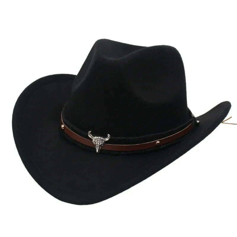 KIMLUD, Western Cowboy Black Hat With Bull Decor Classic Wide Brim Jazz Imitation Wool Hats For Women Felt Hats With Cow Head Knight Hat, Black XiaoNT / S(52-54cm Child), KIMLUD Women's Clothes