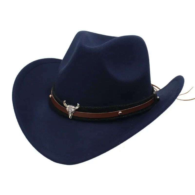 KIMLUD, Western Cowboy Black Hat With Bull Decor Classic Wide Brim Jazz Imitation Wool Hats For Women Felt Hats With Cow Head Knight Hat, Navy XiaoNT / S(52-54cm Child), KIMLUD APPAREL - Womens Clothes