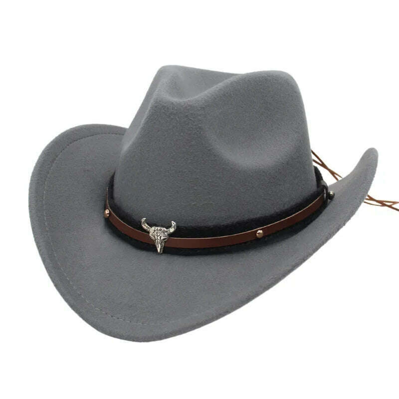 KIMLUD, Western Cowboy Black Hat With Bull Decor Classic Wide Brim Jazz Imitation Wool Hats For Women Felt Hats With Cow Head Knight Hat, Grey XiaoNT / M(56-58cm Adult), KIMLUD APPAREL - Womens Clothes
