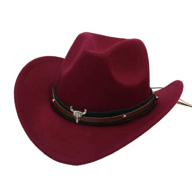 KIMLUD, Western Cowboy Black Hat With Bull Decor Classic Wide Brim Jazz Imitation Wool Hats For Women Felt Hats With Cow Head Knight Hat, Wine XiaoNT / S(52-54cm Child), KIMLUD APPAREL - Womens Clothes