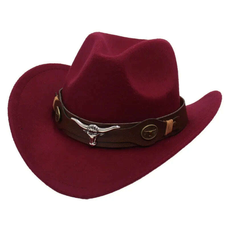 KIMLUD, Western Cowboy Black Hat With Bull Decor Classic Wide Brim Jazz Imitation Wool Hats For Women Felt Hats With Cow Head Knight Hat, wine ZongNT / S(52-54cm Child), KIMLUD Women's Clothes