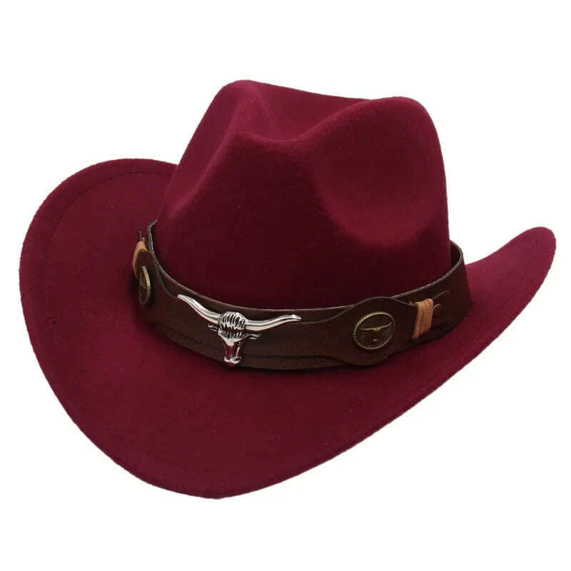 KIMLUD, Western Cowboy Black Hat With Bull Decor Classic Wide Brim Jazz Imitation Wool Hats For Women Felt Hats With Cow Head Knight Hat, wine ZongNT / S(52-54cm Child), KIMLUD APPAREL - Womens Clothes