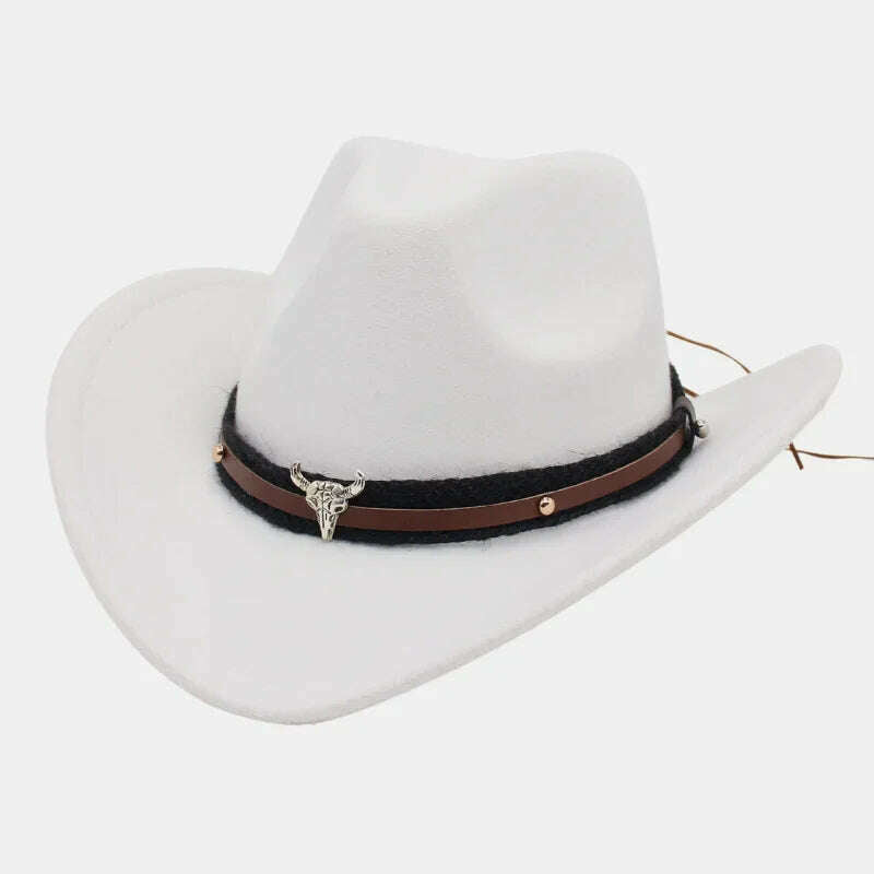 KIMLUD, Western Cowboy Black Hat With Bull Decor Classic Wide Brim Jazz Imitation Wool Hats For Women Felt Hats With Cow Head Knight Hat, White XiaoNT / S(52-54cm Child), KIMLUD APPAREL - Womens Clothes