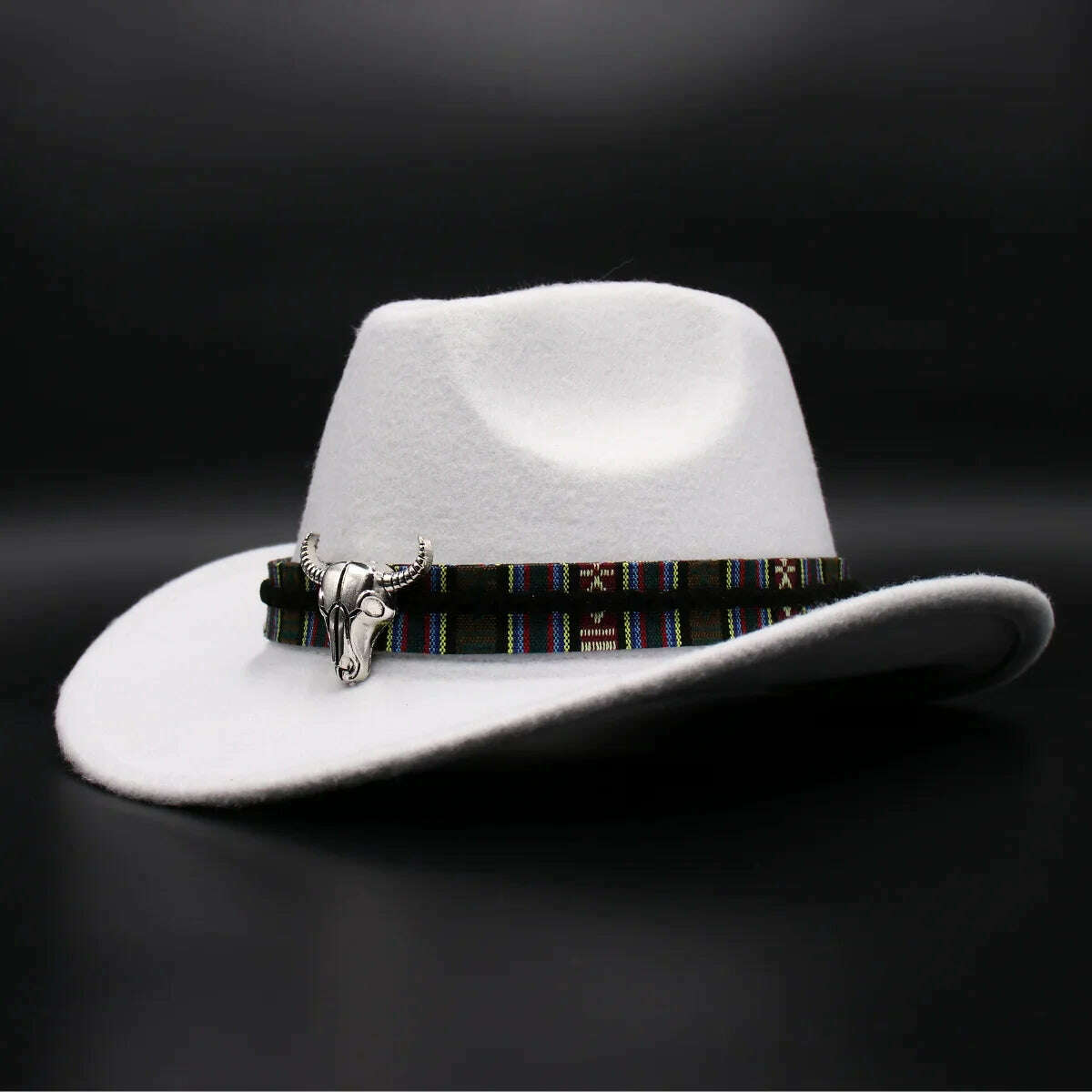 KIMLUD, Western Cowboy Black Hat With Bull Decor Classic Wide Brim Jazz Imitation Wool Hats For Women Felt Hats With Cow Head Knight Hat, White CaiNT / S(52-54cm Child), KIMLUD APPAREL - Womens Clothes