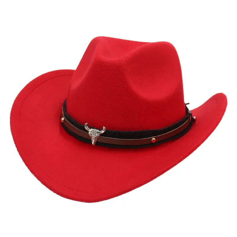 KIMLUD, Western Cowboy Black Hat With Bull Decor Classic Wide Brim Jazz Imitation Wool Hats For Women Felt Hats With Cow Head Knight Hat, Red XiaoNT / S(52-54cm Child), KIMLUD APPAREL - Womens Clothes