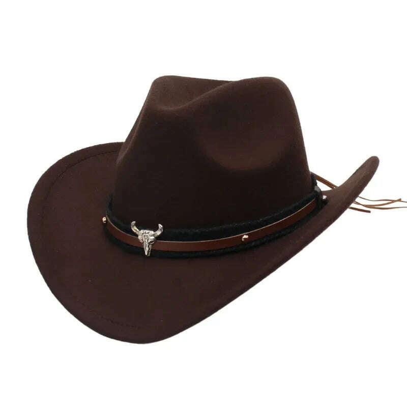 KIMLUD, Western Cowboy Black Hat With Bull Decor Classic Wide Brim Jazz Imitation Wool Hats For Women Felt Hats With Cow Head Knight Hat, Coffee XiaoNT / S(52-54cm Child), KIMLUD APPAREL - Womens Clothes