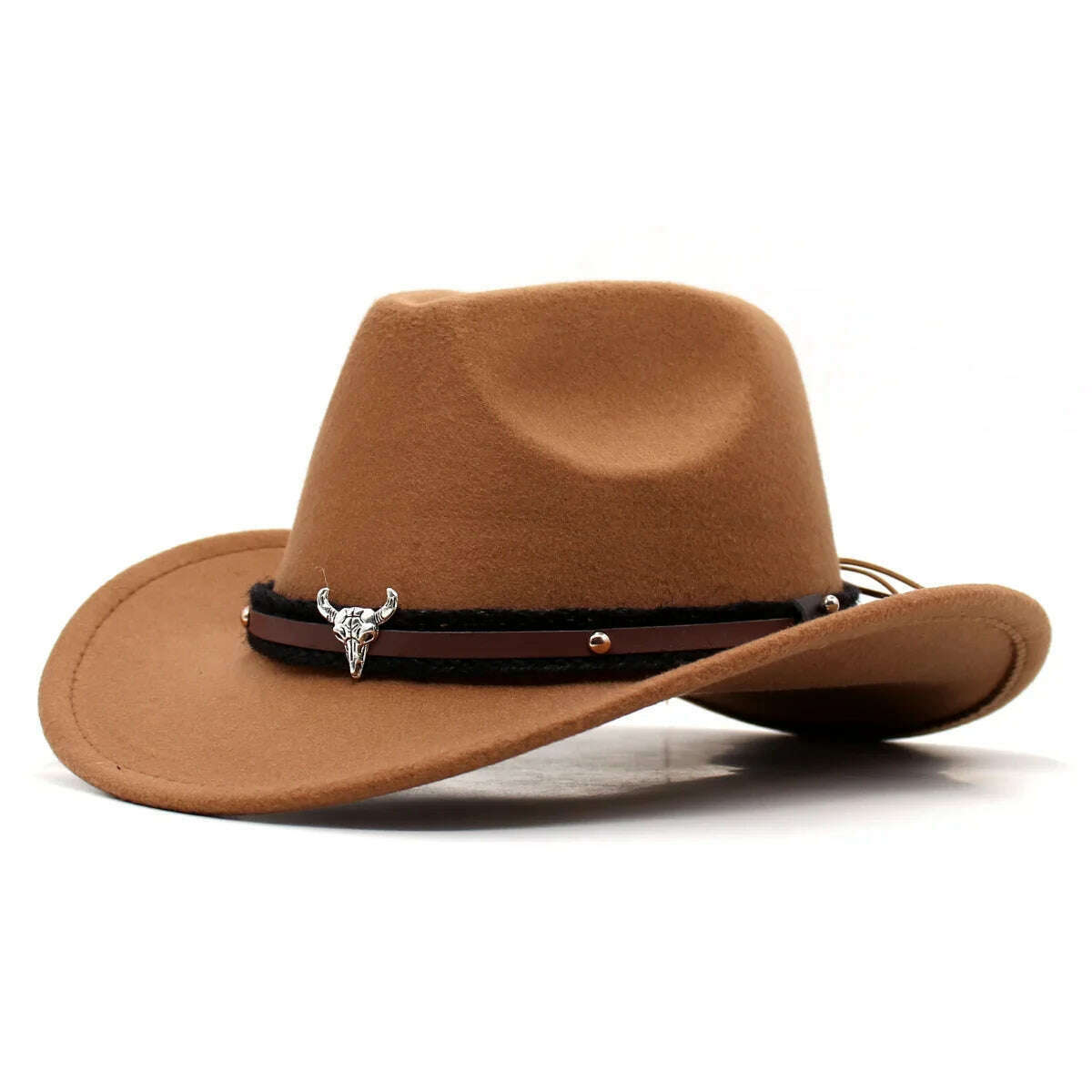 KIMLUD, Western Cowboy Black Hat With Bull Decor Classic Wide Brim Jazz Imitation Wool Hats For Women Felt Hats With Cow Head Knight Hat, Khaki XiaoNT / M(56-58cm Adult), KIMLUD APPAREL - Womens Clothes