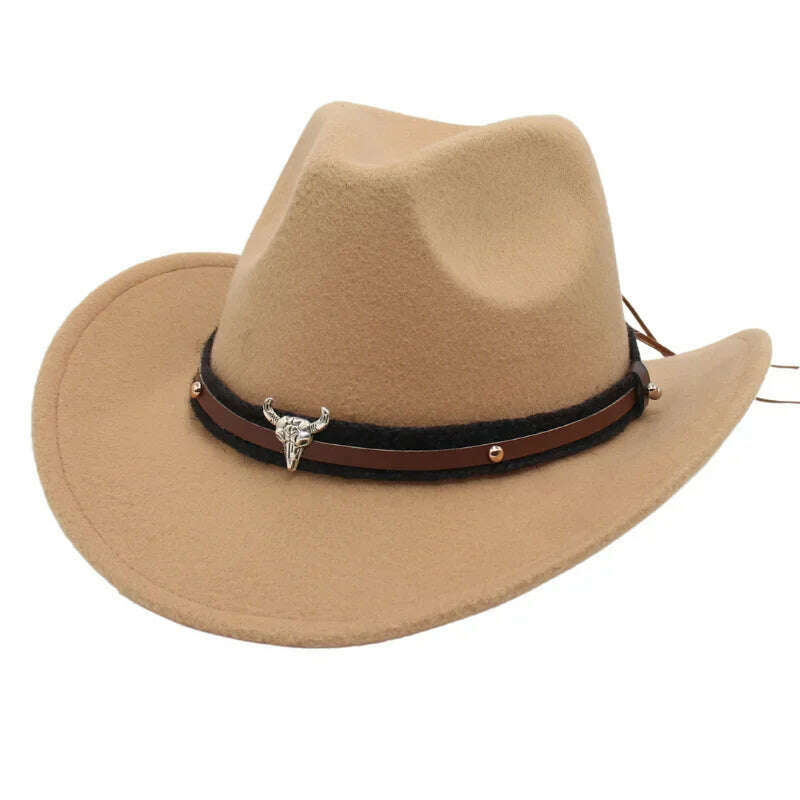 KIMLUD, Western Cowboy Black Hat With Bull Decor Classic Wide Brim Jazz Imitation Wool Hats For Women Felt Hats With Cow Head Knight Hat, Camel XiaoNT / S(52-54cm Child), KIMLUD APPAREL - Womens Clothes
