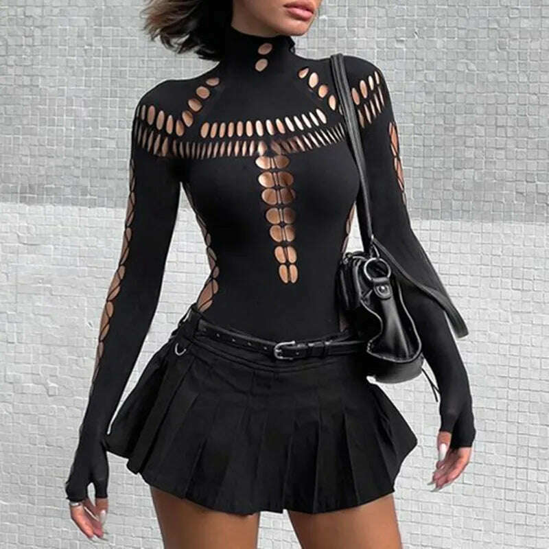 WhereMery Solid Hollow Out High Collar Bodysuit Sexy Bodycon Skinny Long Sleeves T Shirts Women Gothic Punk Streetwear Bodysuits - KIMLUD