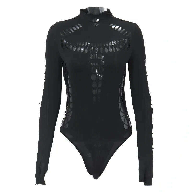 WhereMery Solid Hollow Out High Collar Bodysuit Sexy Bodycon Skinny Long Sleeves T Shirts Women Gothic Punk Streetwear Bodysuits - KIMLUD