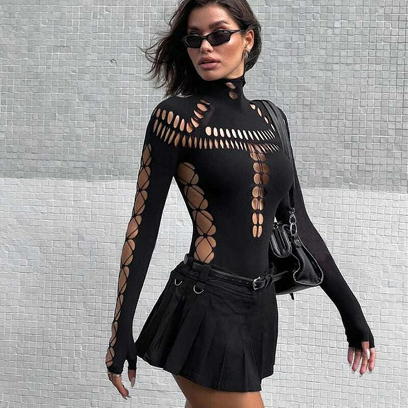 WhereMery Solid Hollow Out High Collar Bodysuit Sexy Bodycon Skinny Long Sleeves T Shirts Women Gothic Punk Streetwear Bodysuits - KIMLUD