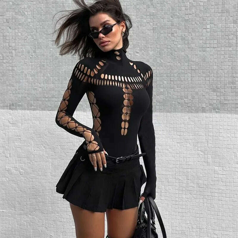 WhereMery Solid Hollow Out High Collar Bodysuit Sexy Bodycon Skinny Long Sleeves T Shirts Women Gothic Punk Streetwear Bodysuits - KIMLUD