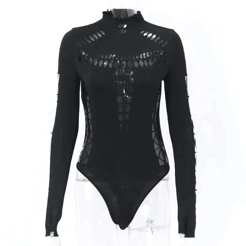 WhereMery Solid Hollow Out High Collar Bodysuit Sexy Bodycon Skinny Long Sleeves T Shirts Women Gothic Punk Streetwear Bodysuits - KIMLUD
