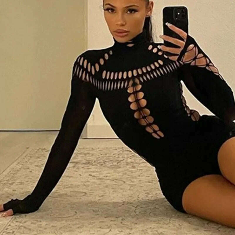 WhereMery Solid Hollow Out High Collar Bodysuit Sexy Bodycon Skinny Long Sleeves T Shirts Women Gothic Punk Streetwear Bodysuits - KIMLUD