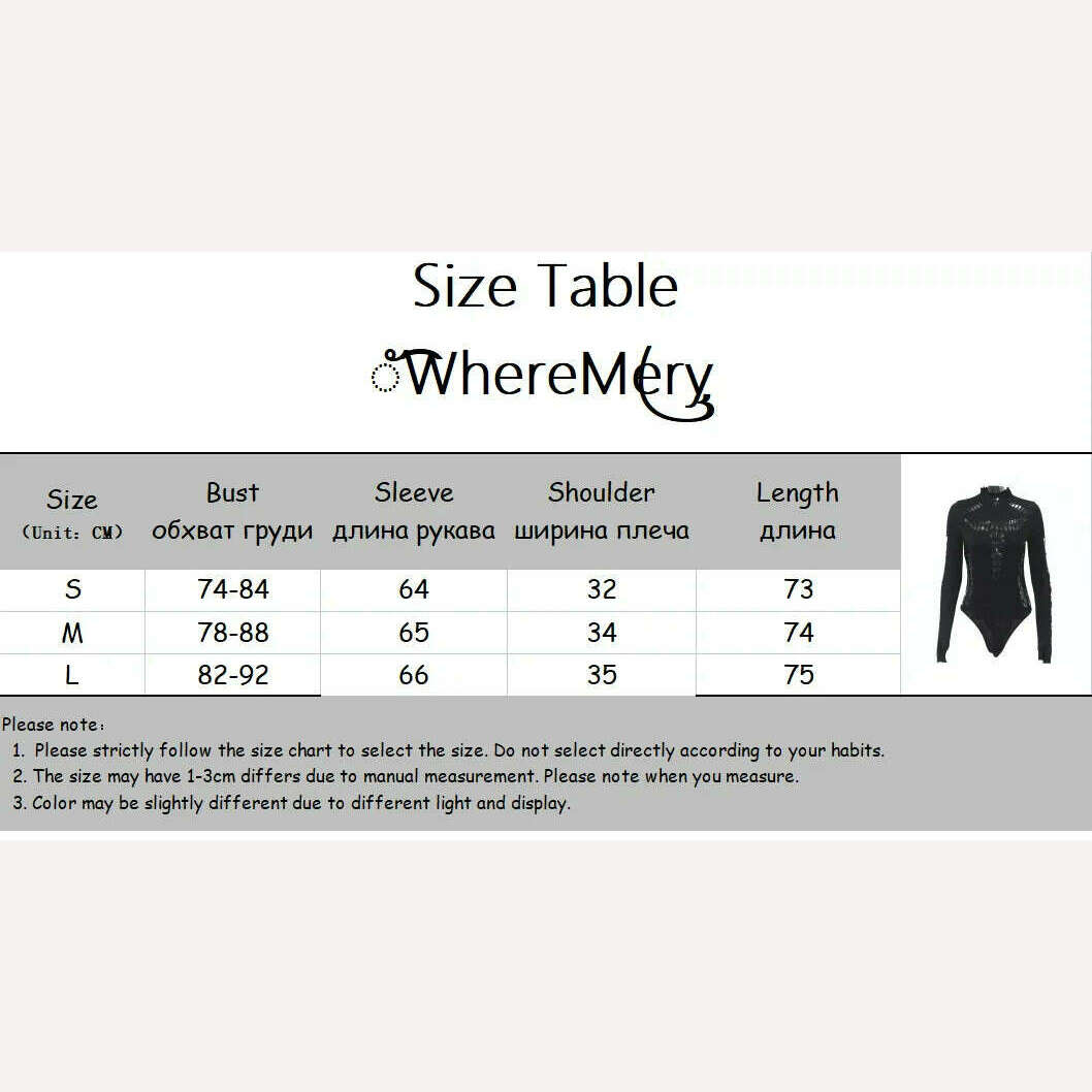 KIMLUD, WhereMery Solid Hollow Out High Collar Bodysuit Sexy Bodycon Skinny Long Sleeves T Shirts Women Gothic Punk Streetwear Bodysuits, KIMLUD Women's Clothes
