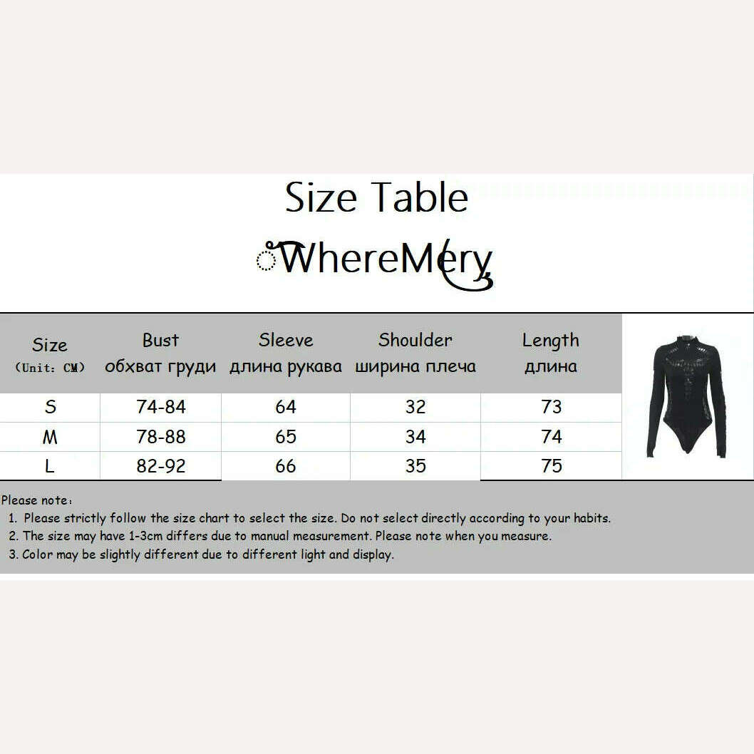 WhereMery Solid Hollow Out High Collar Bodysuit Sexy Bodycon Skinny Long Sleeves T Shirts Women Gothic Punk Streetwear Bodysuits - KIMLUD