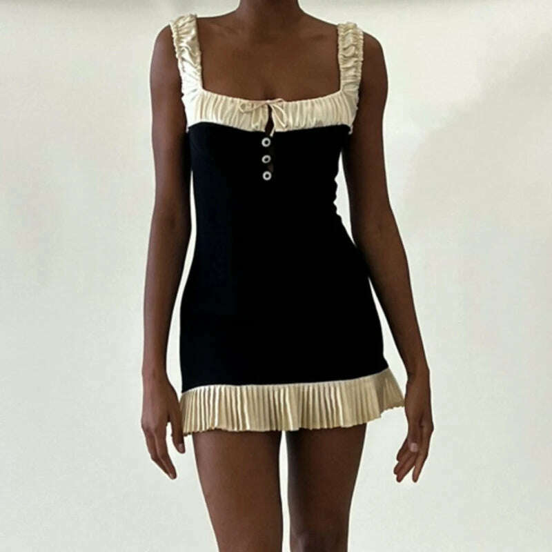 KIMLUD, WhereMery Vintage Square-neck Stitch Prom Dress Sexy Spaghetti Strap Pleated Mini Dresses Summer Party Club Sleeveless Vestido, KIMLUD Womens Clothes