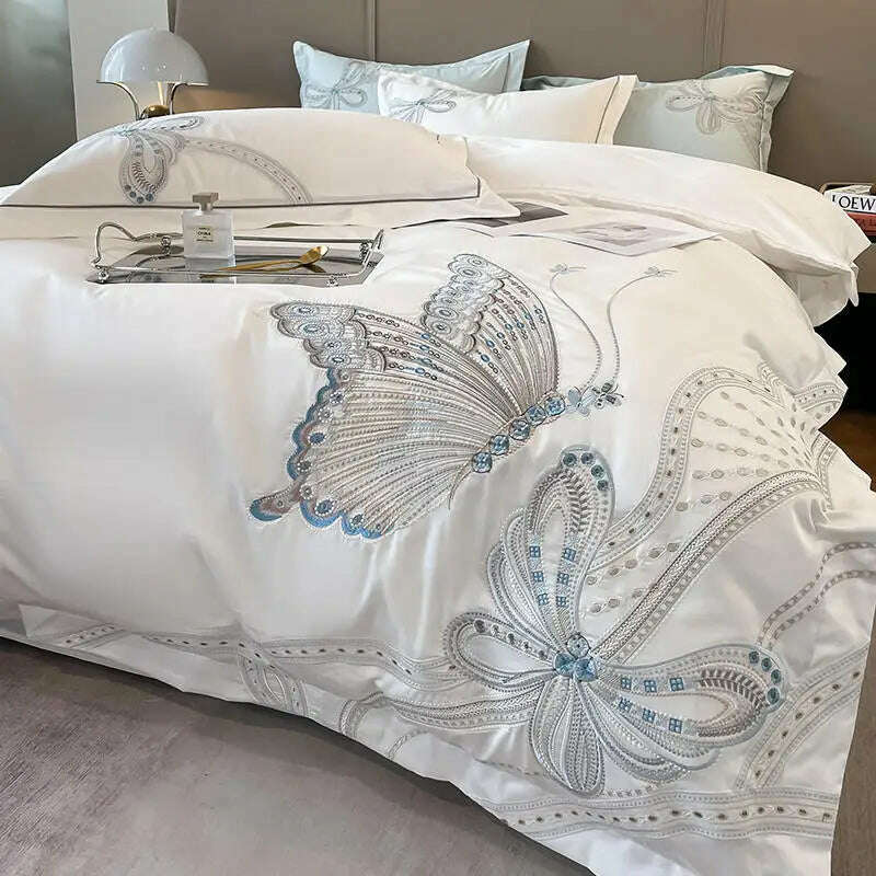 KIMLUD, White Egypt Cotton Luxury Butterfly Embroidery Bedding Set Duvet Cover Bed Linen Sheet Pillowcase Double King Size Quilt Covers, White / Queen Size 4pcs / Flat Bed Sheet, KIMLUD Women's Clothes
